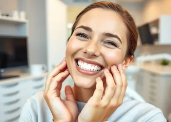 A before-and-after shot of a client's teeth after a teeth whitening session at pureeglow aesthetics, highlighting the significant difference in brightness. The setting is a professional dental environment.